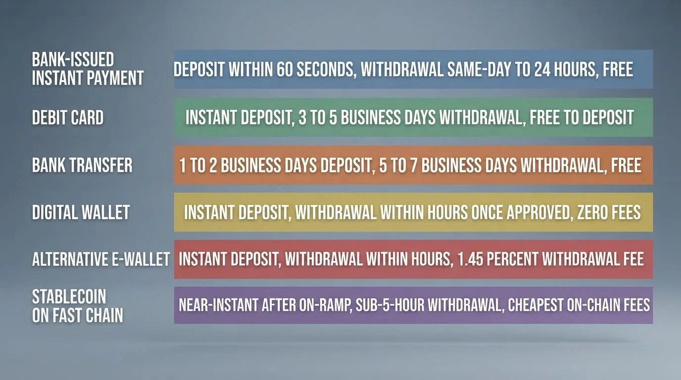 A side-by-side table of payment methods with deposit speed, withdrawal speed and fee columns