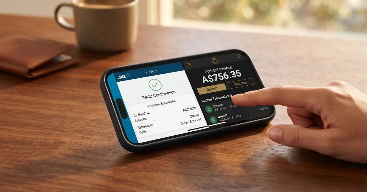 A phone screen showing a banking-app PayID approval beside a casino cashier balance update
