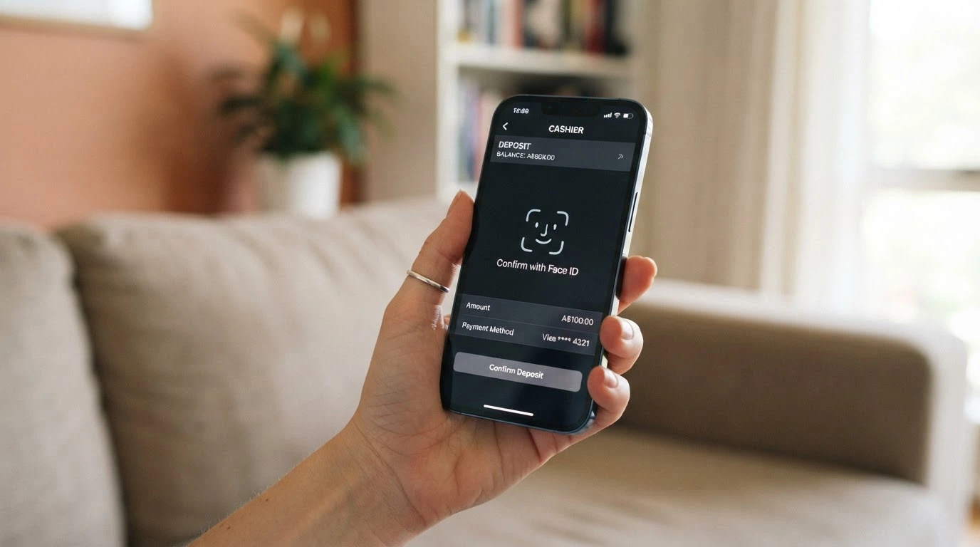 A hand holding a phone showing a casino deposit screen with a Face ID prompt