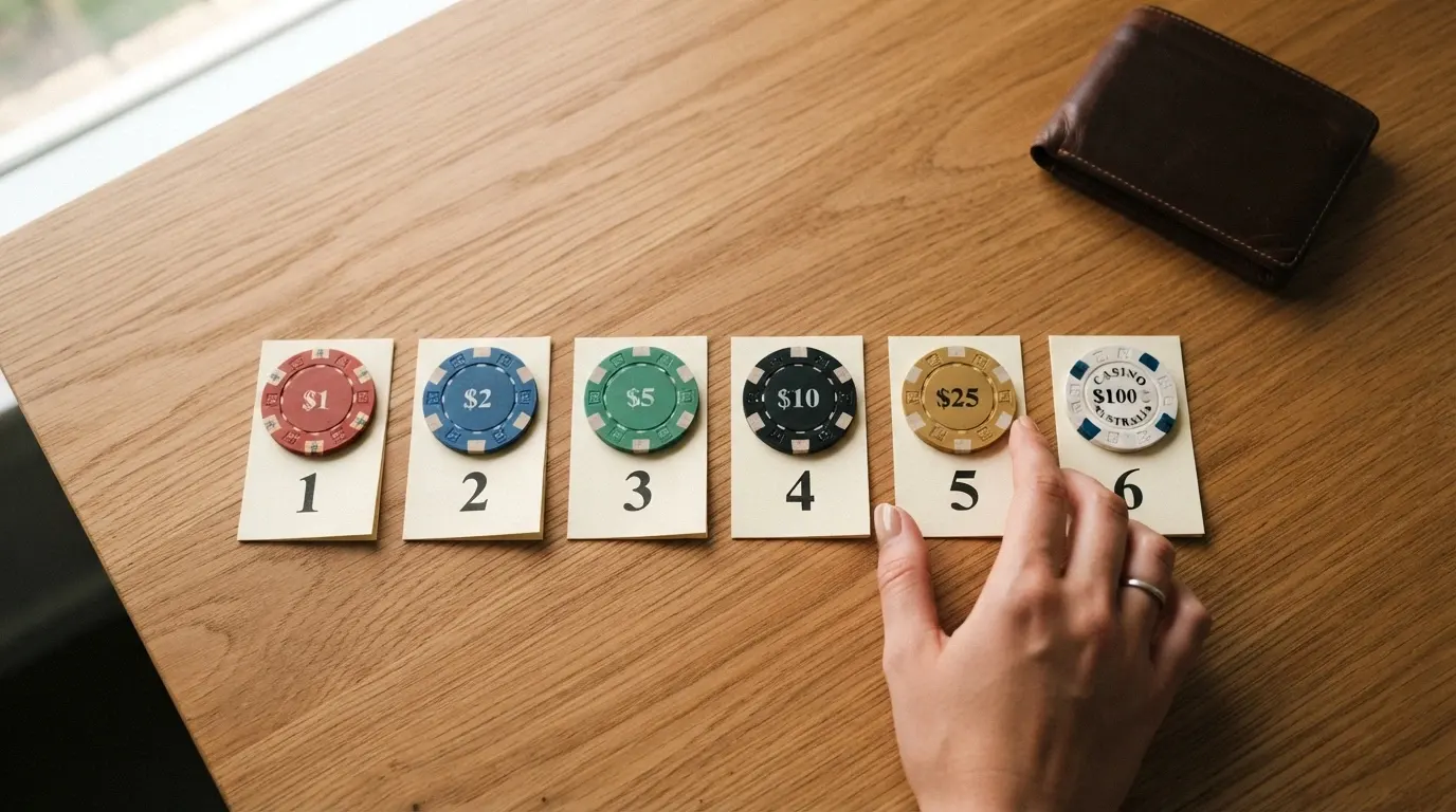 Six casino operator cards ranked side by side with method, bonus and limit callouts