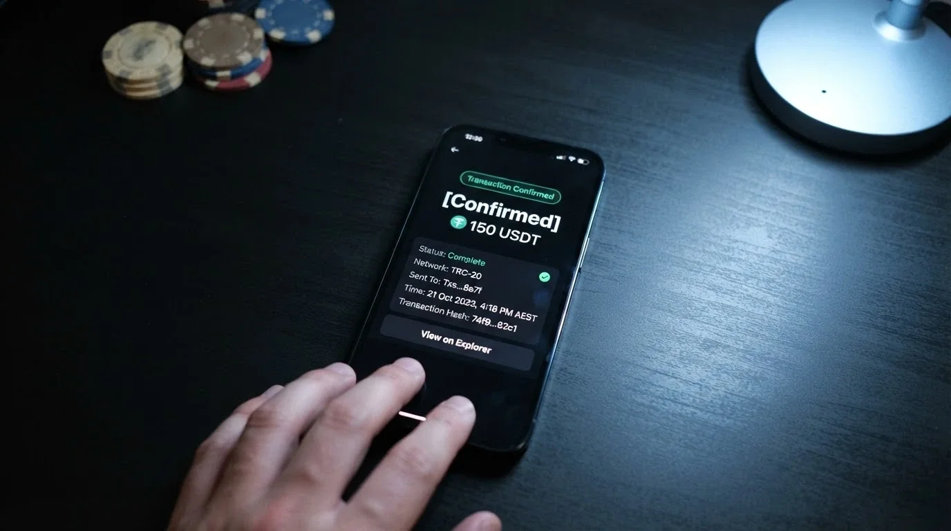 A crypto wallet showing a USDT TRC-20 transaction settling on-chain